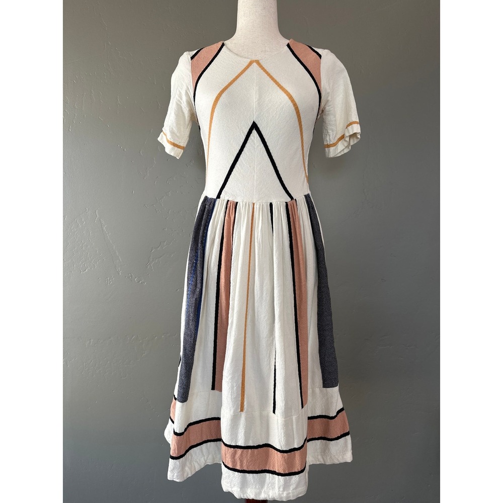 Piper & Scoot Cotton Midi Dress XS India Geometric Boho White‎ Grey Peach